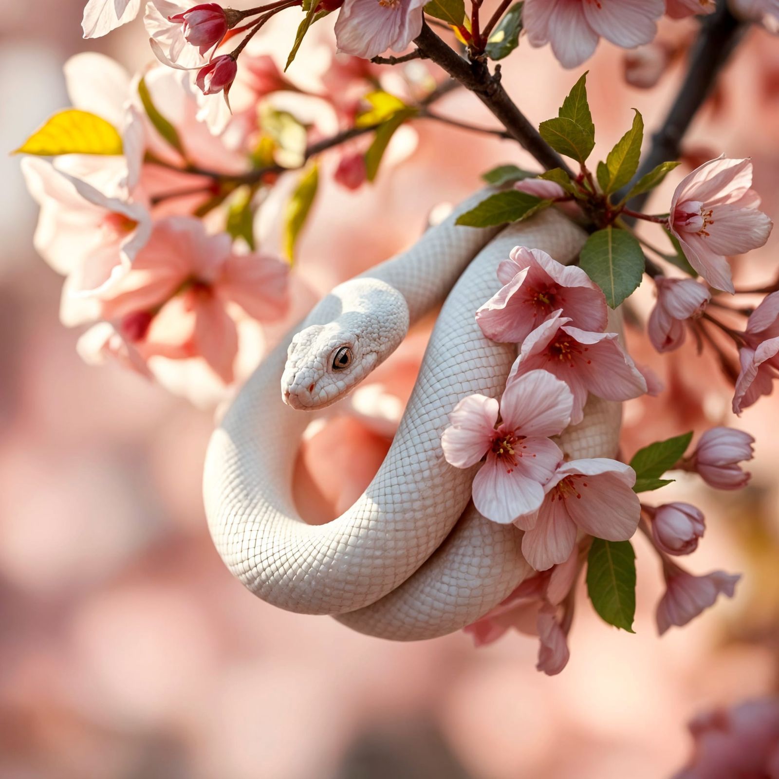 Snake Coils Around Cherry Blossom Branch in Vibrant Bokeh