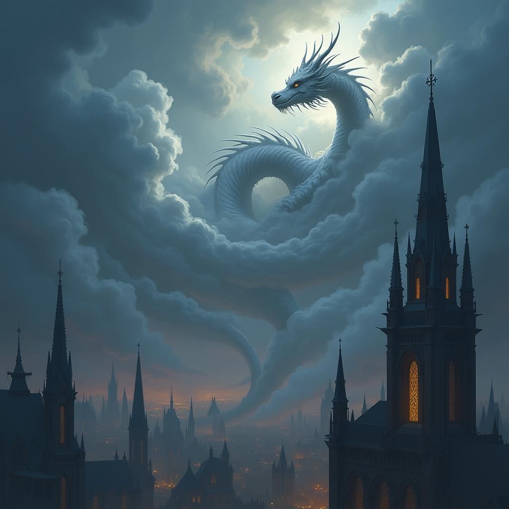 Looped Dragon in Stormy Sky with Gothic Cityscape