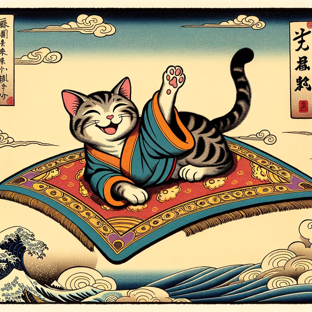 Cat on Magic Carpet in Woodblock Print Style
