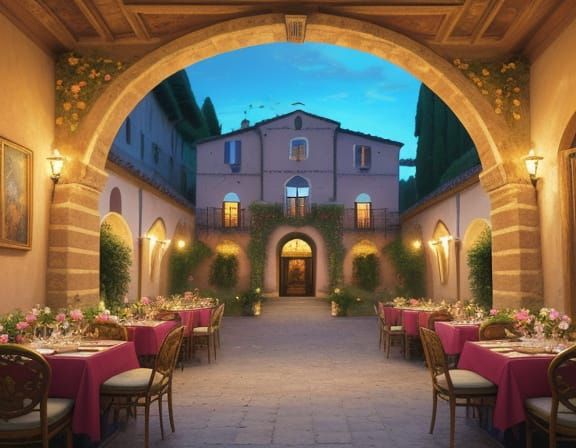 Renaissance Restaurant with Lake in Klimt Style