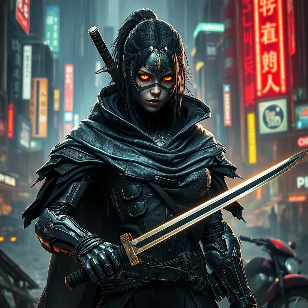 Cyborg Warrior in Cyberpunk City Ruins