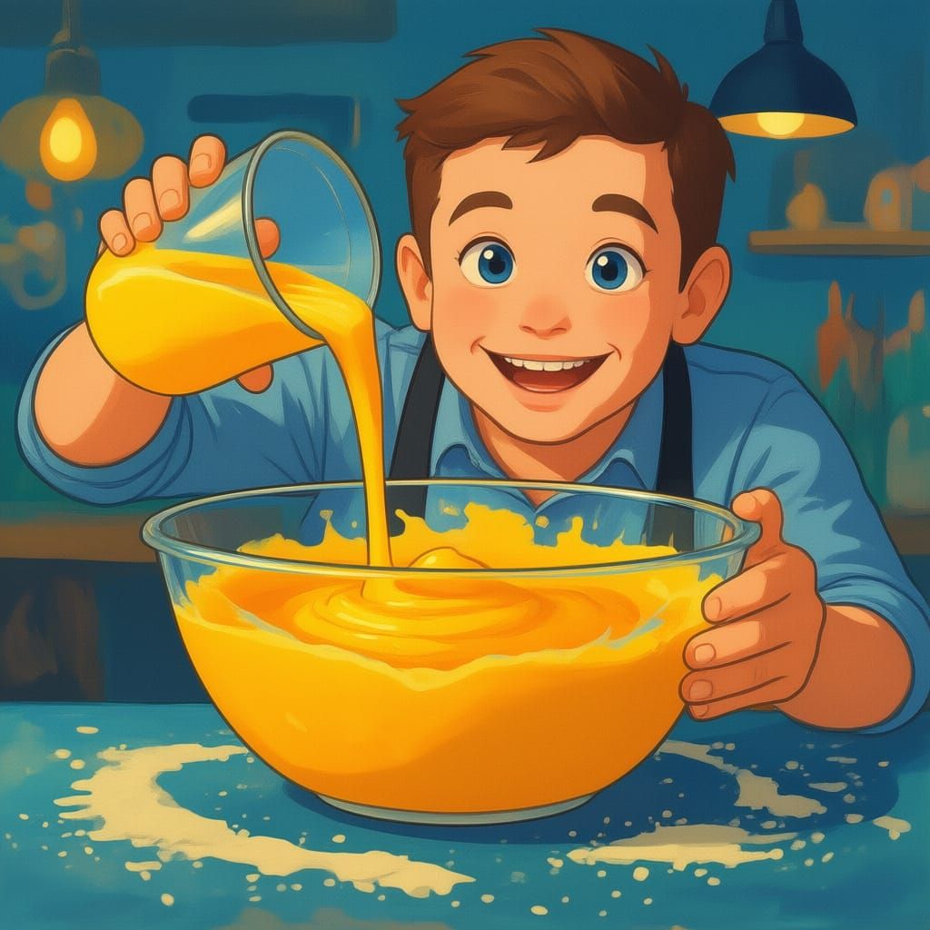 Orange Batter Sloshes in Mixing Bowl As Barnaby Grins