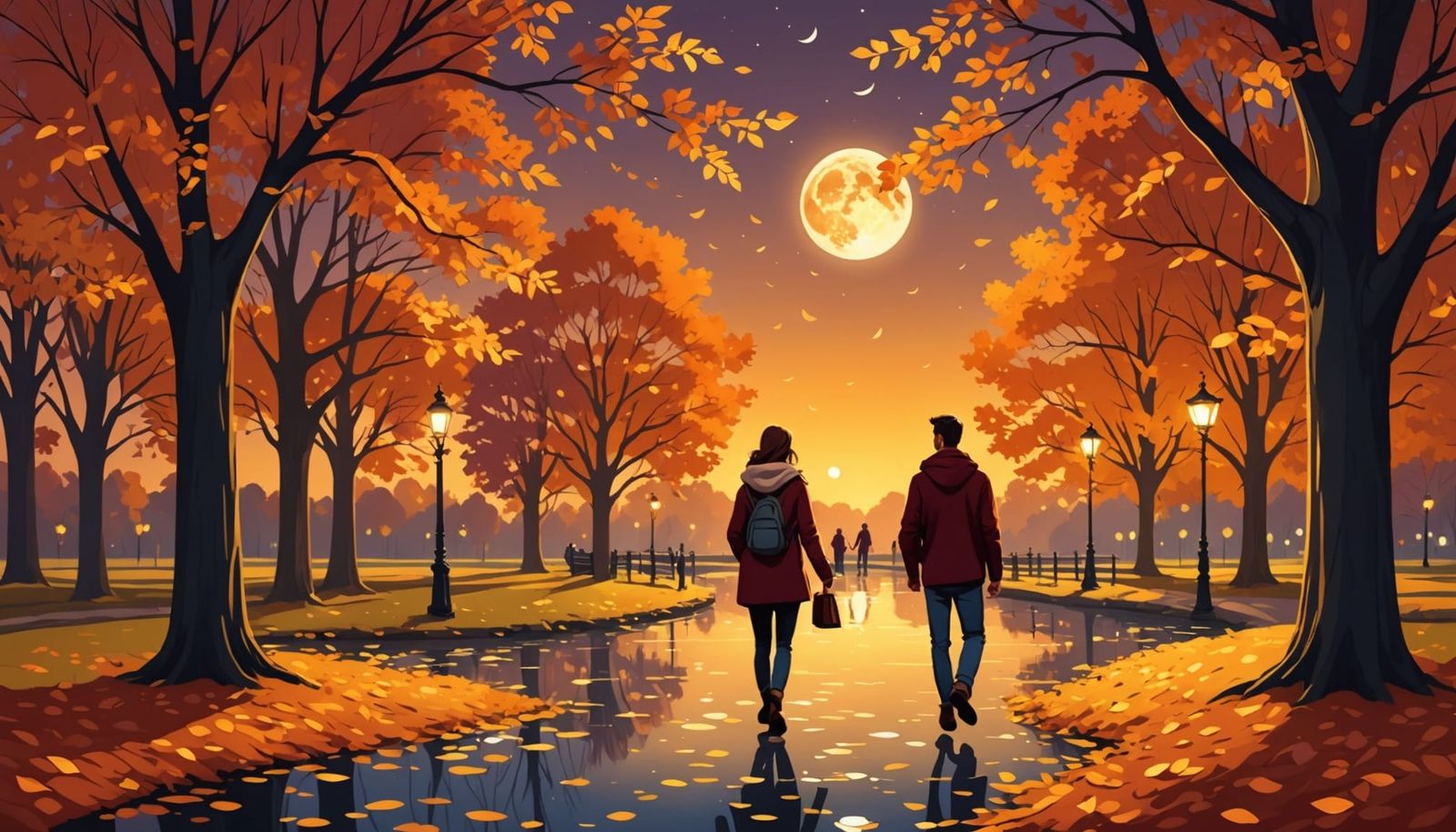 Romantic Autumn Night in Park, Golden Leaves