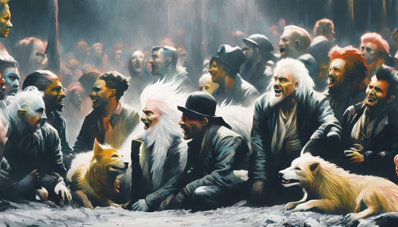 Happy Crowd Watched by Evil Spirit in Graffiti Style