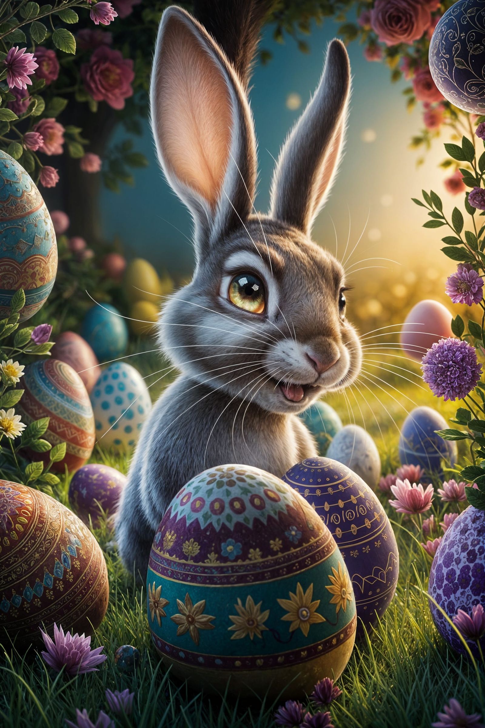 Vibrant Easter Bunny in Whimsical Meadow Scene