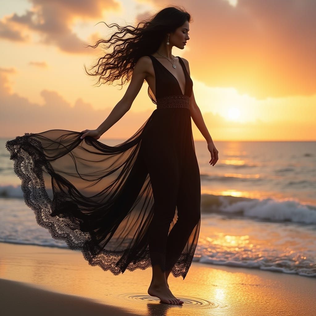 Woman Dancing on Beach at Dusk: Fantasy Concept Art