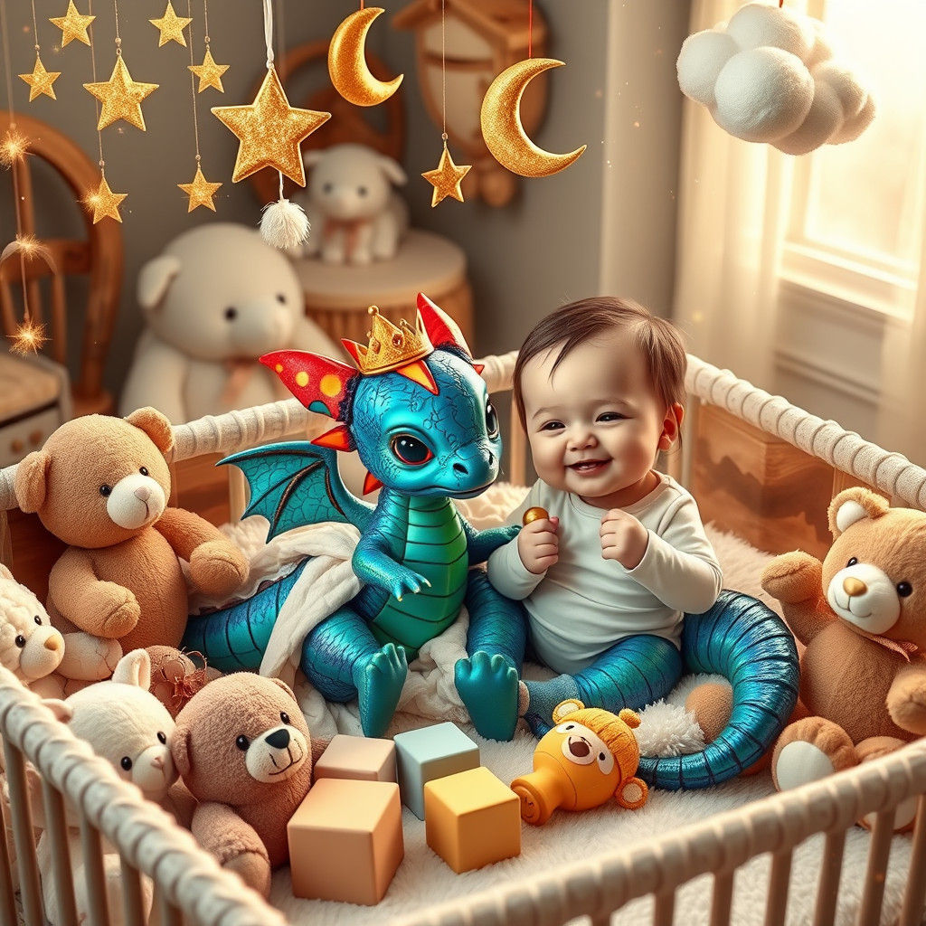 Iridescent Baby Dragon and Human Baby in Nursery