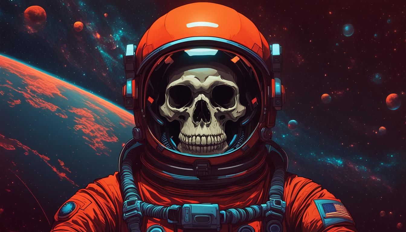 Astronaut with Skull Head in Retro Synthwave Style