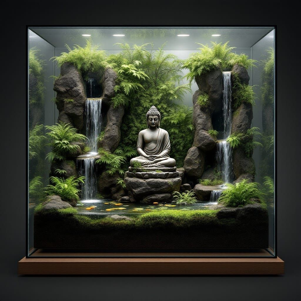 Modern Glass Terrarium with Volcanic Waterfalls and Lush Gre...