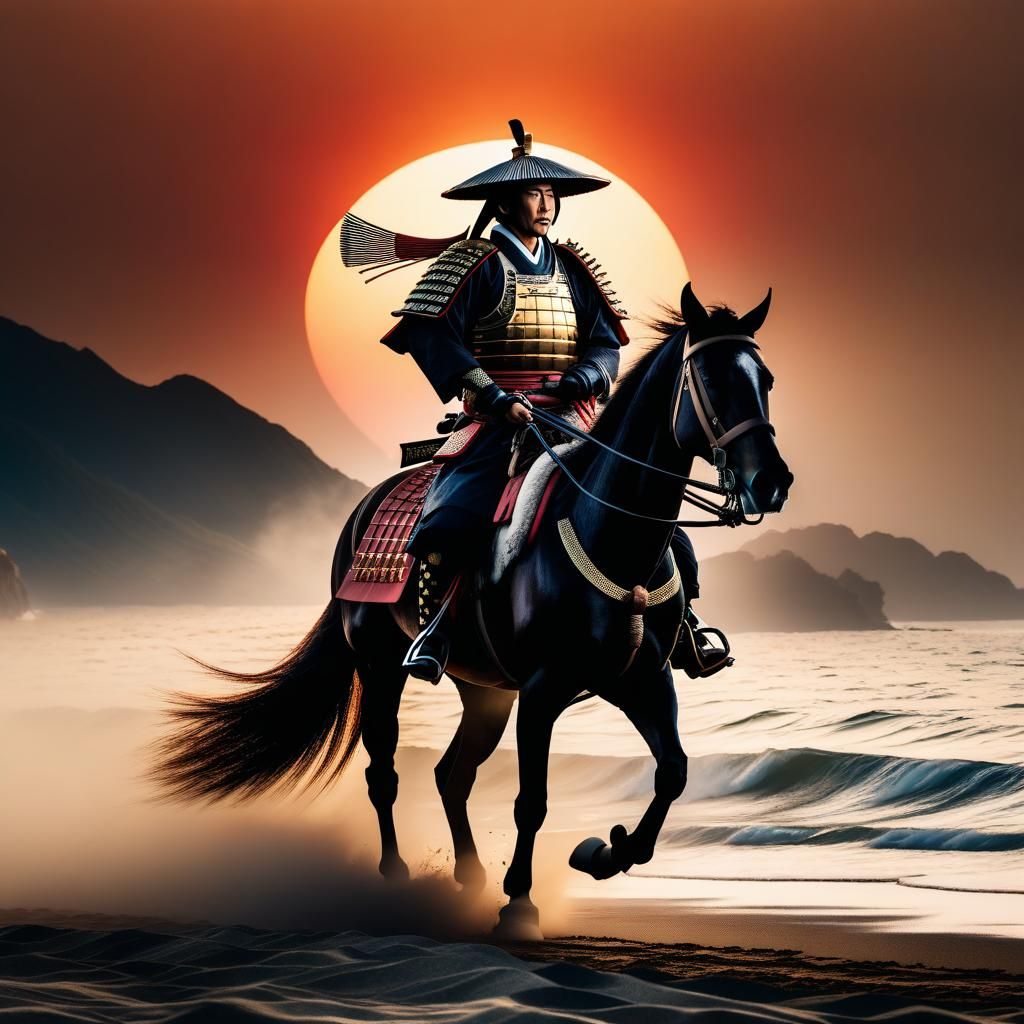 Samurai on Horseback Emerges from Haze at Sunset
