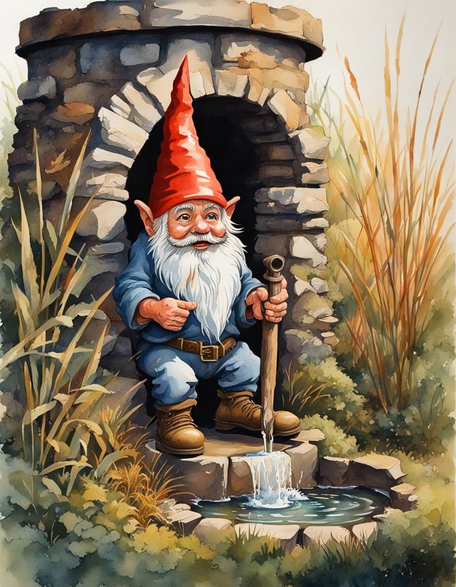 Hyperrealistic 1970s Watercolor Gnome by an Old Well