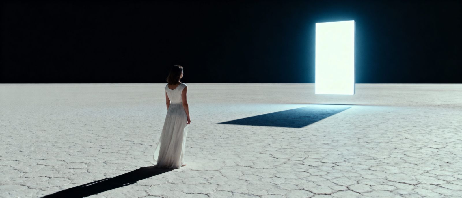 Woman in White Dress Before Glowing Portal on Salt Flat