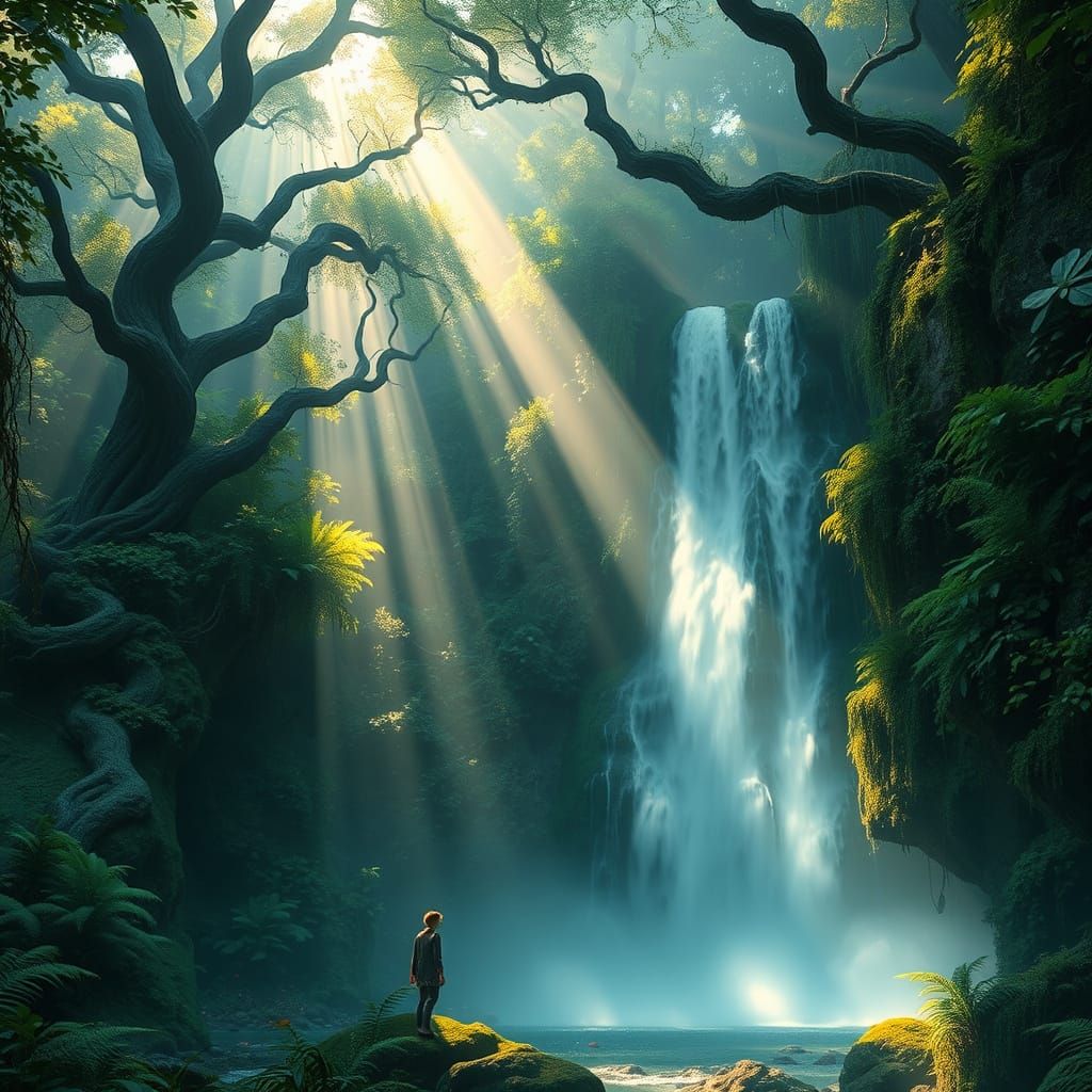 Surreal Waterfall Scene in a Verdant Forest