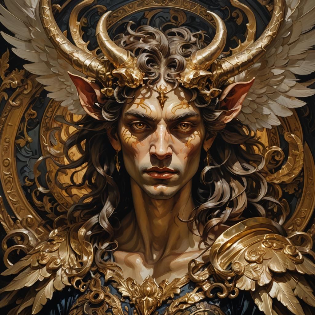 Baroque Portrait of Angel-Demon Hybrid with Golden Eyes