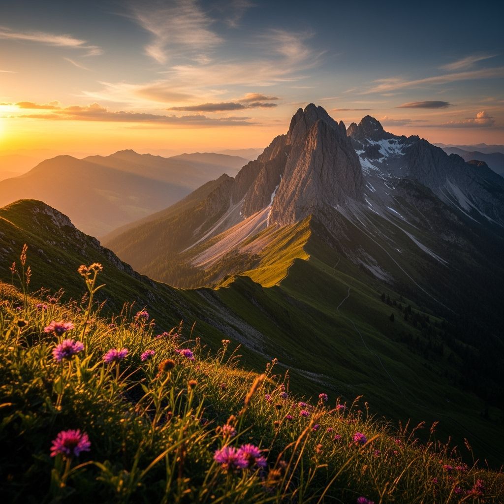 Golden Hour Mountain Vista with Wildflowers