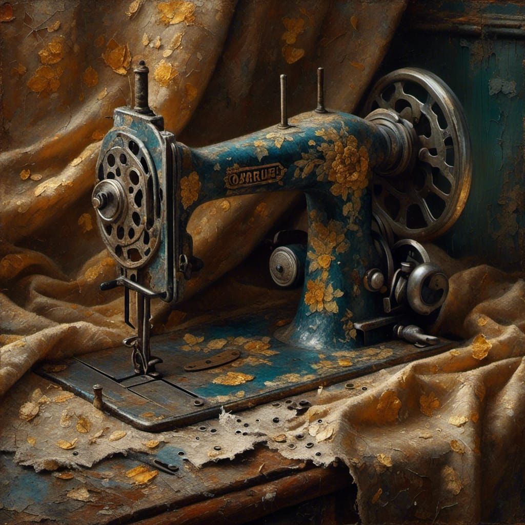 Baroque Sewing Machine with Distressed Paint and Golden Ligh...