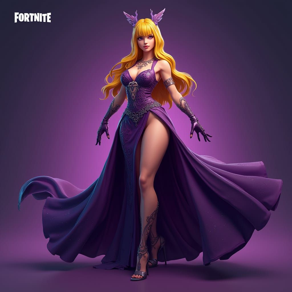 Fortnite-Inspired Fantasy Queen in Purple Evening Gown