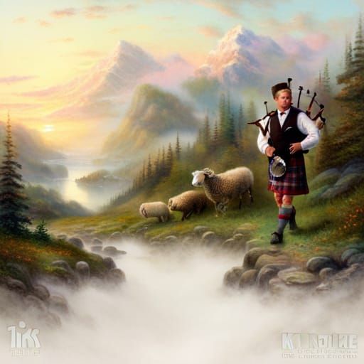 Herding sheep while playing bagpipes