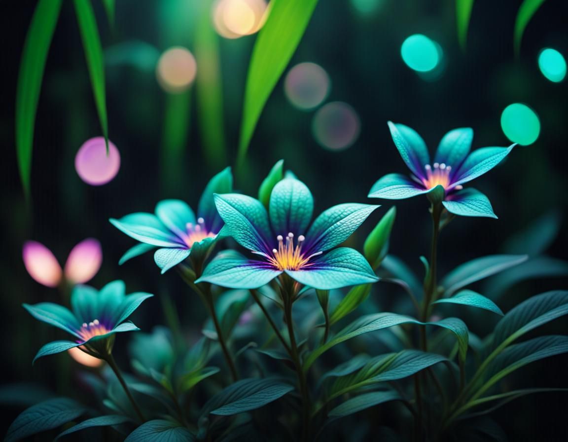 Iridescent Flower Glowing in Dark Jungle