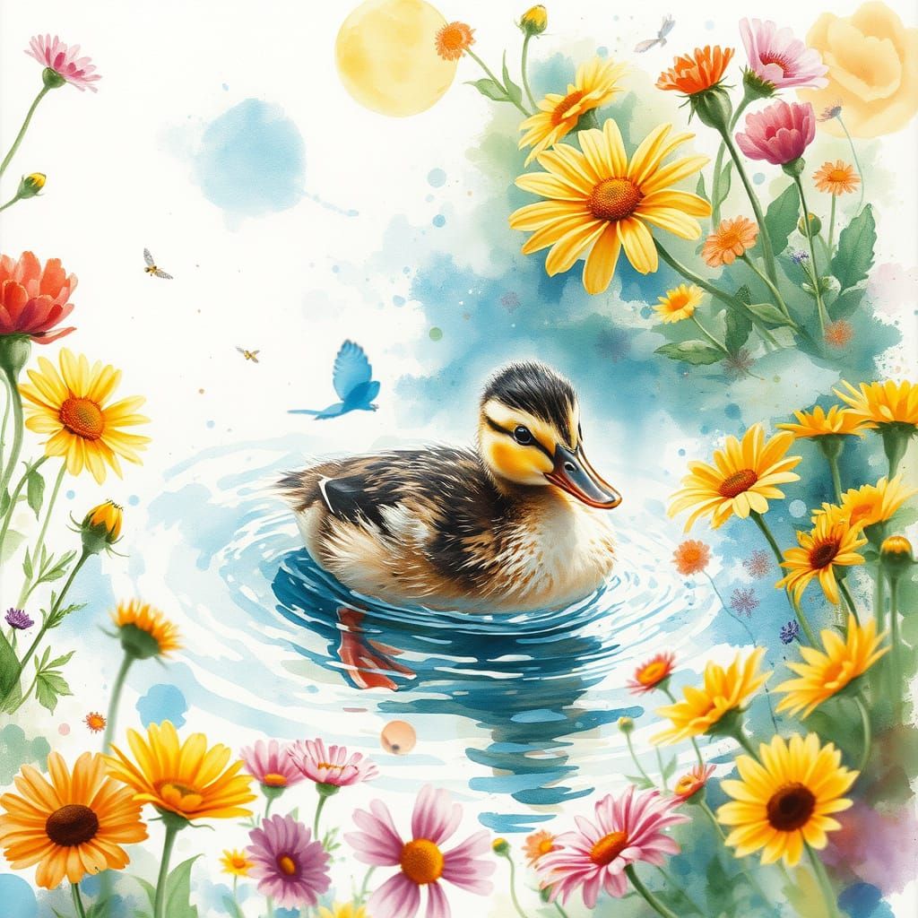 Playful Duckling in Garden: Watercolour and Cinematic Fusion