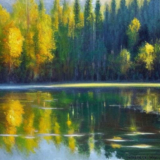 Impressionist Lake Forest with Golden Sunrays