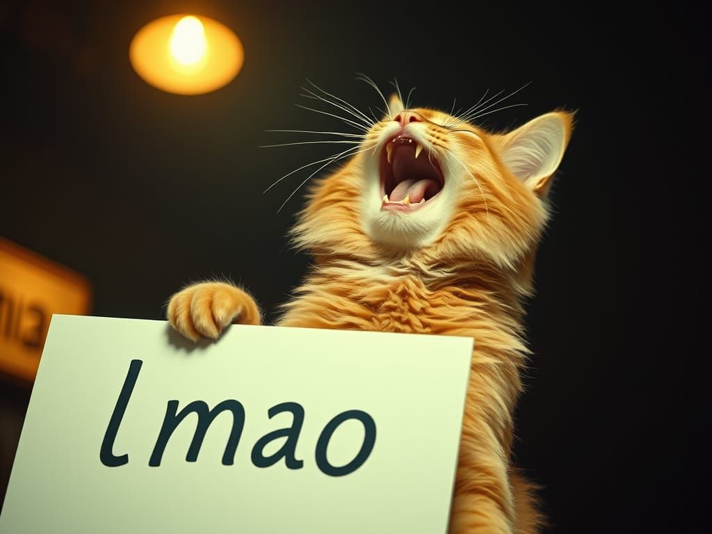 Fluffy Ginger Cat Laughing With 'LMAO' Sign