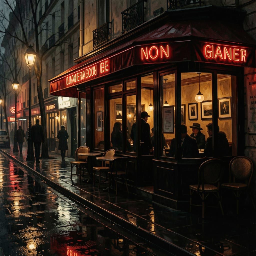 Atmospheric Parisian Cafe at Night in Neo-Noir Style