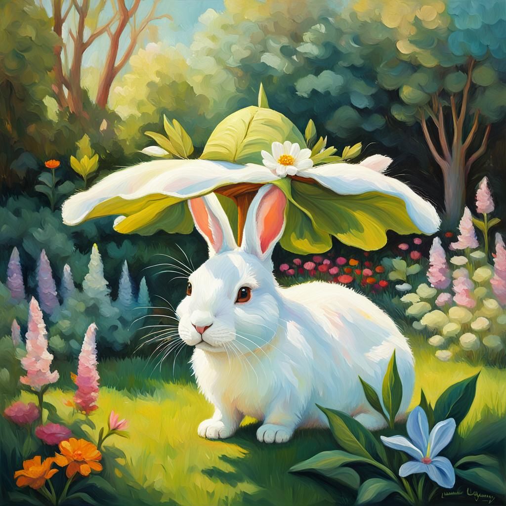 Bunny with Flower Hat in Impressionist Garden