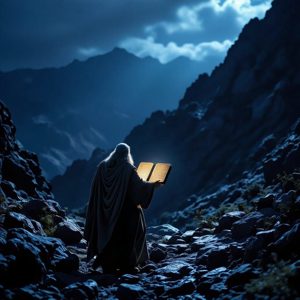 Moses Descends Mountain with Ten Commandments at Night