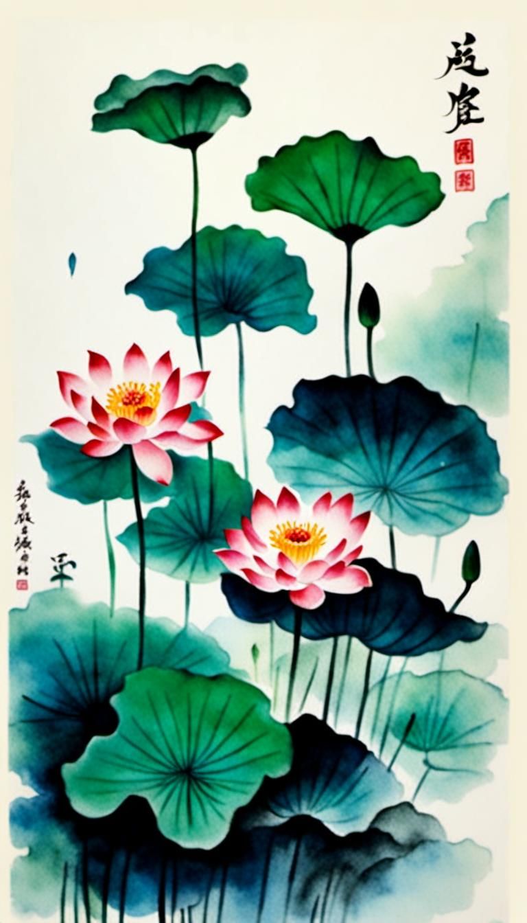 Lotus Flowers in Traditional Chinese Ink Painting