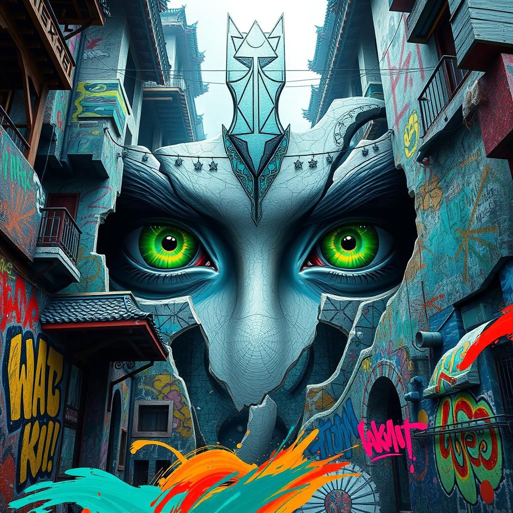 Mesmerizing Green Eyes in Surreal Architecture