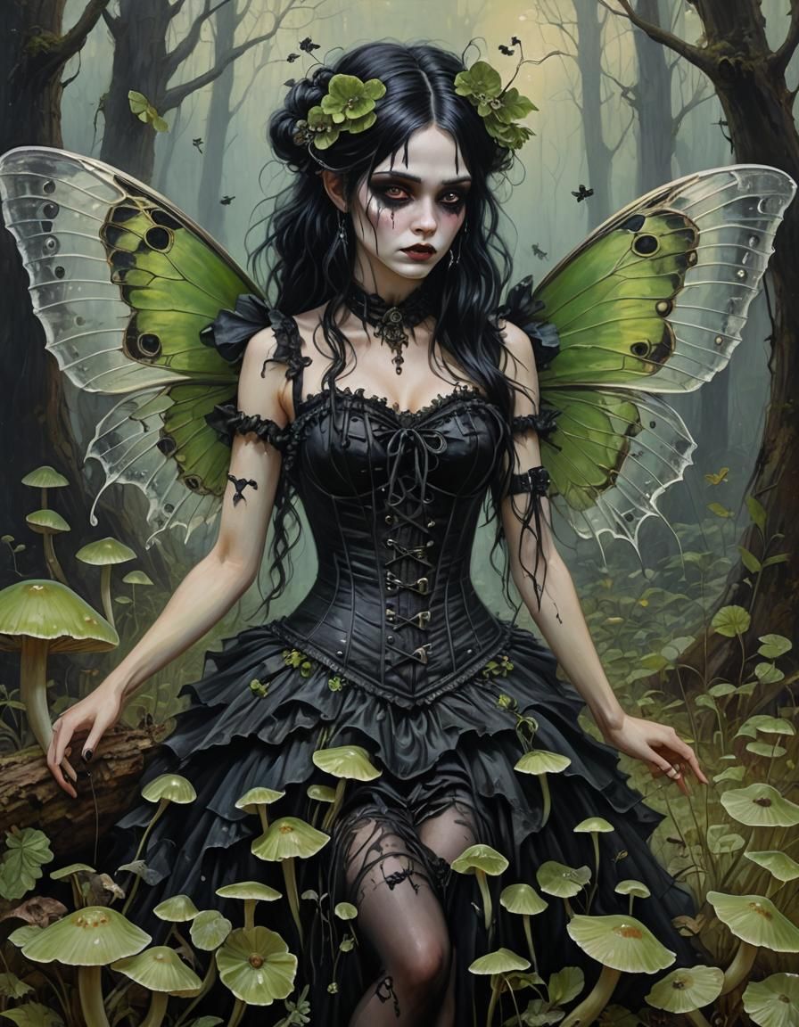 Goth Fairy with Moth Wings in Oil Painting Style