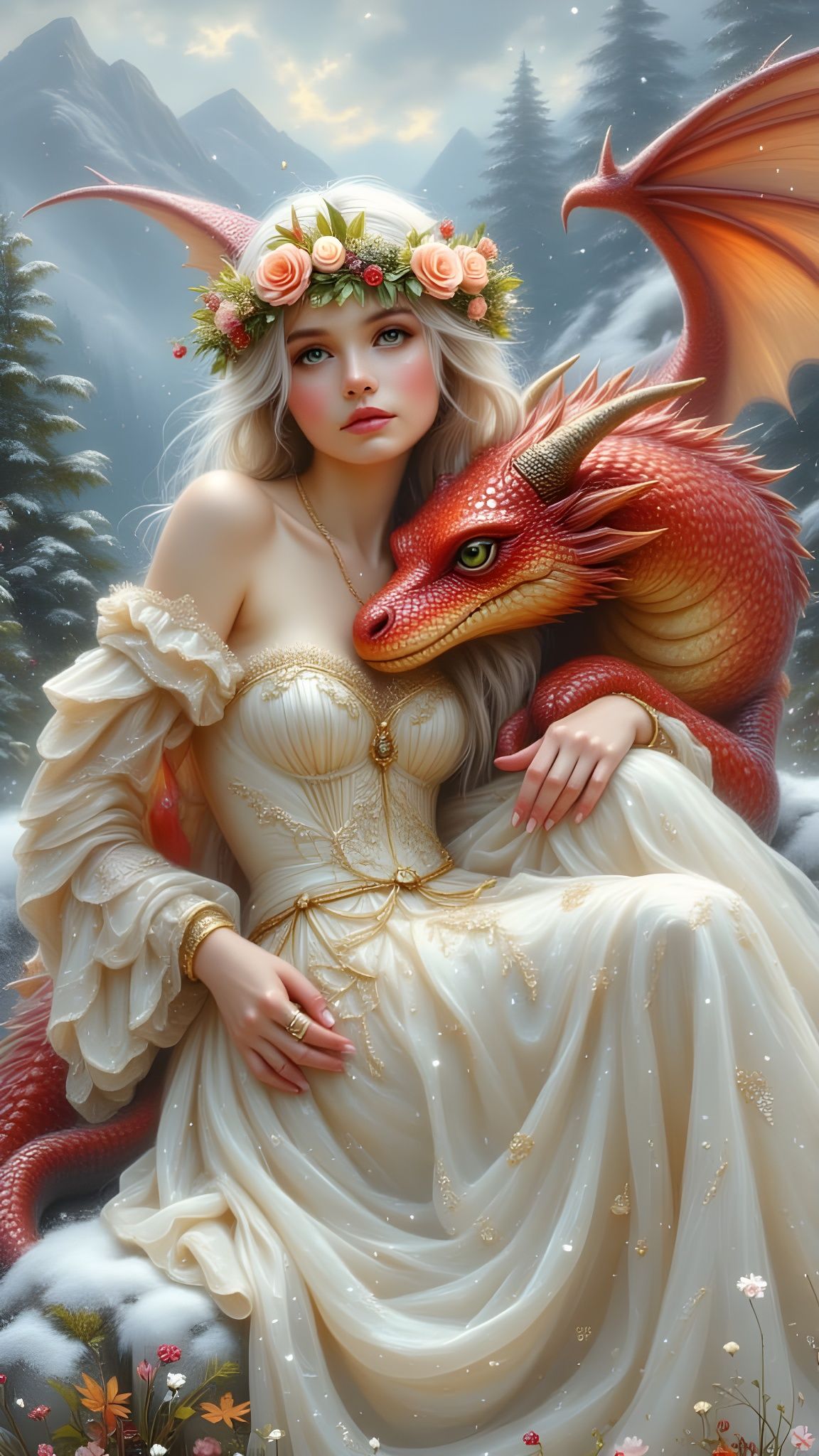 Ethereal Woman with Dragon in Fantasy Oil Painting Style
