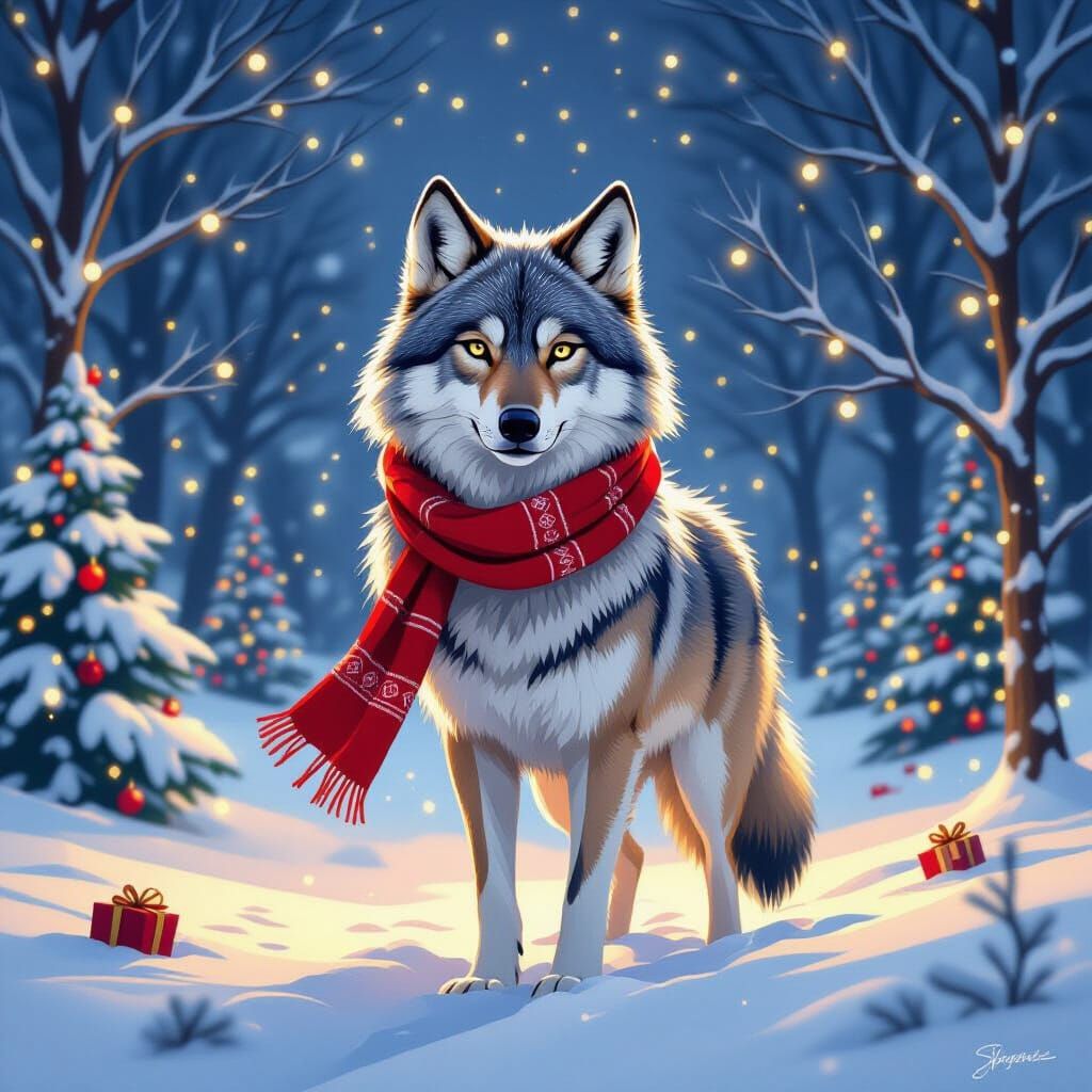 Festive Wolf in Snowy Christmas Landscape