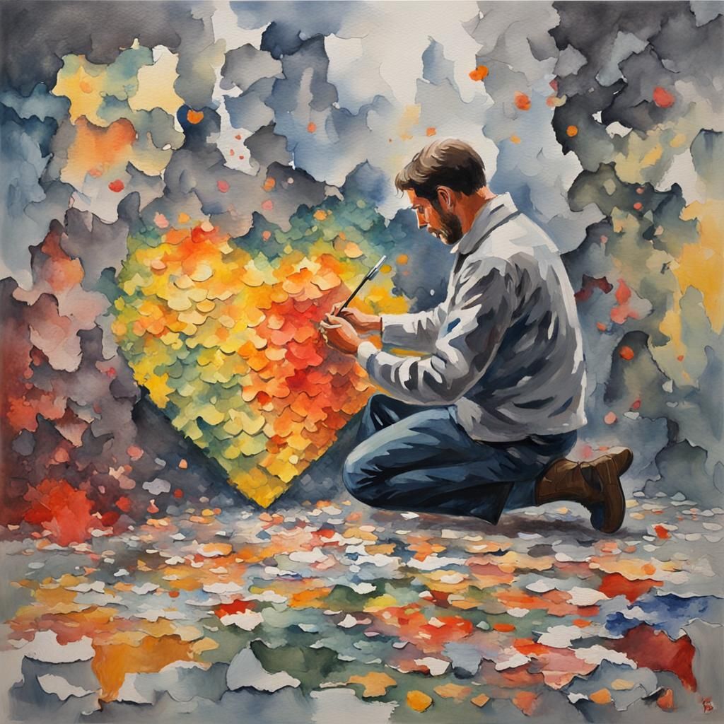 Heart Fragments in Gouache Watercolor Style