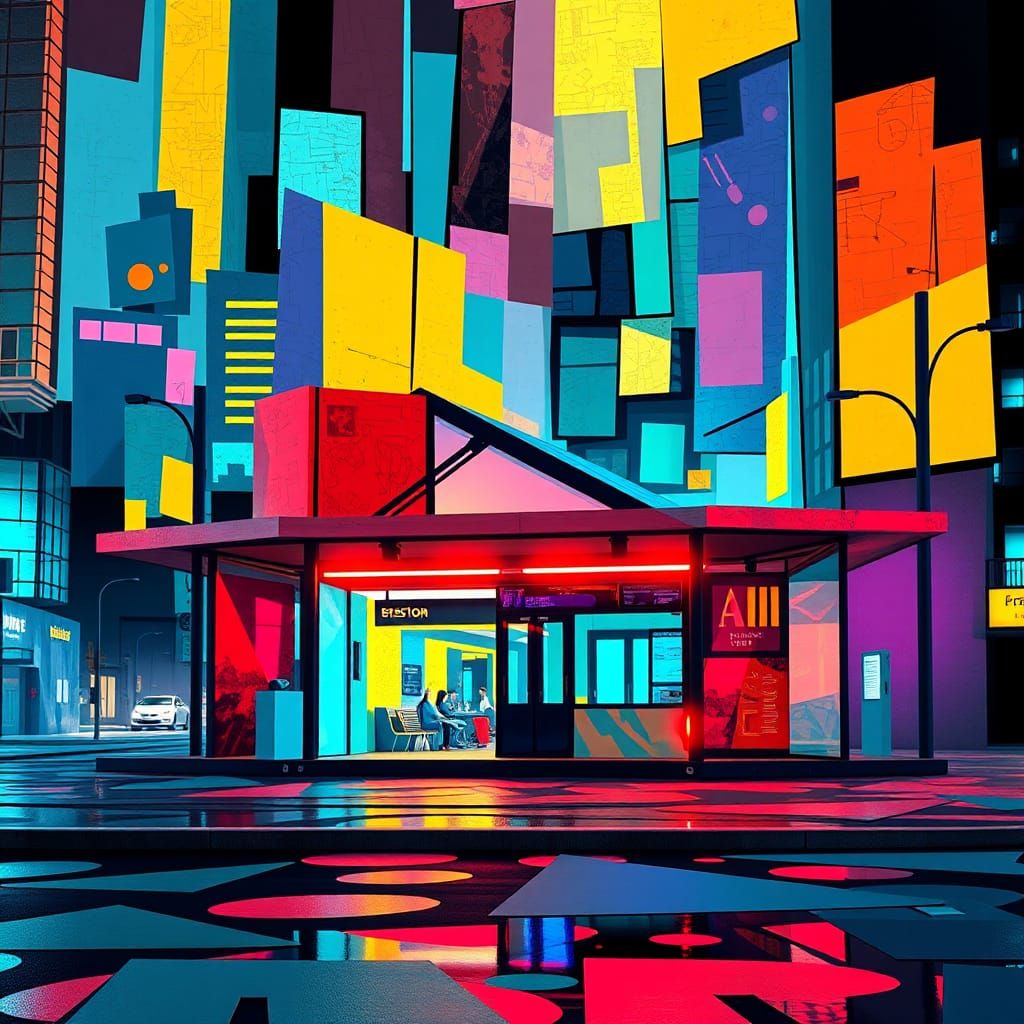 Cubist painting of a backlit bus station with bright colours...