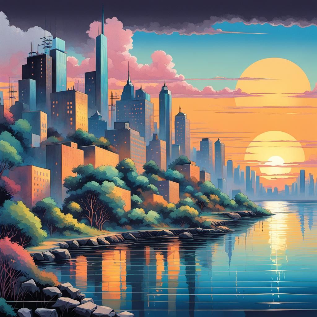 Vaporwave Cityscape: Graphic Novel Meets Bauhaus Design