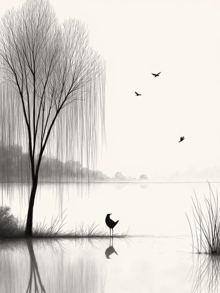 Serene Monochromatic Landscape with Weeping Willow in Pencil...