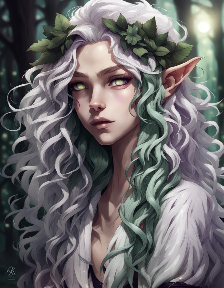 Androgynous Elf in Dark Forest with Lilac Blossoms