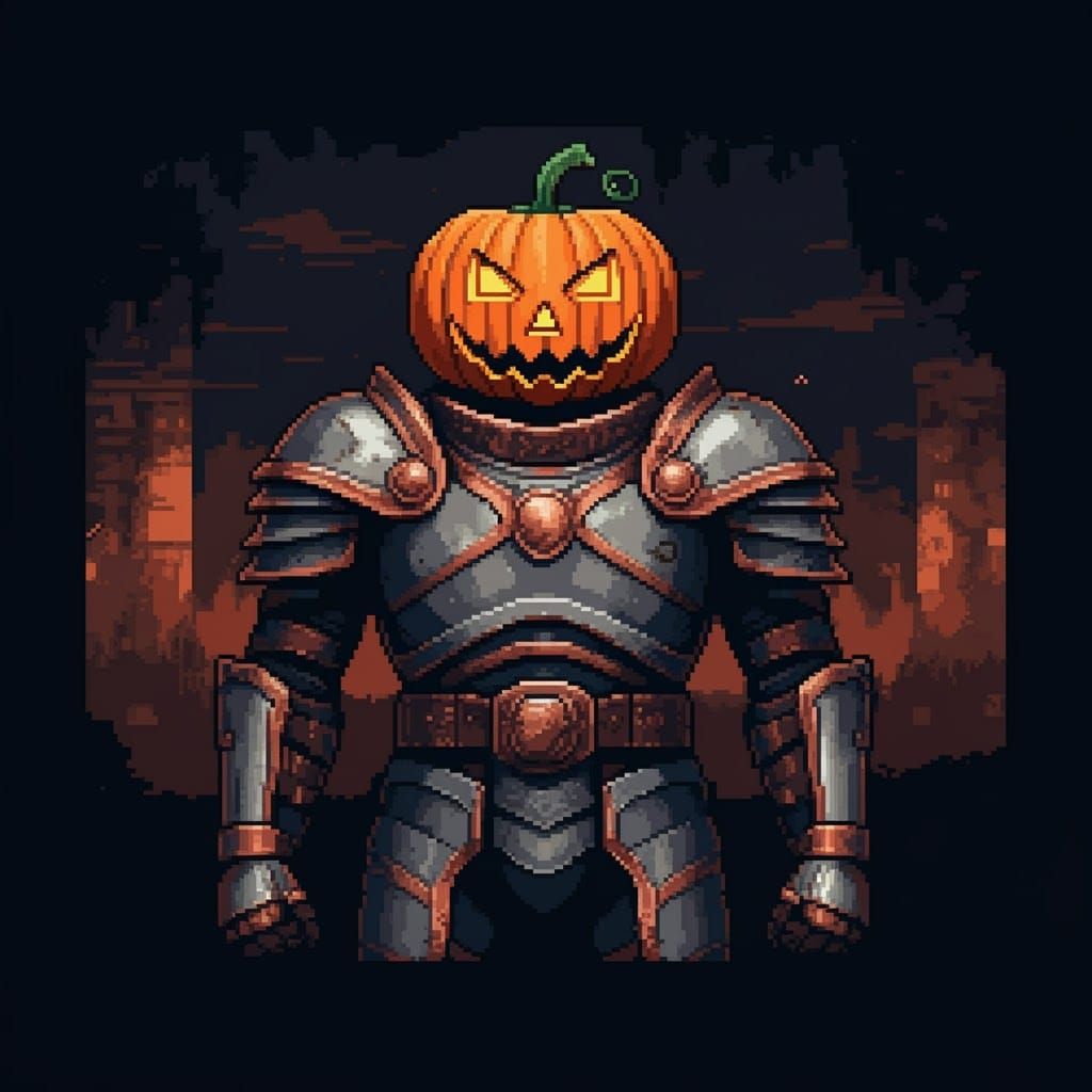 Heroic Pumpkin Warrior in 8-Bit Pixel Art