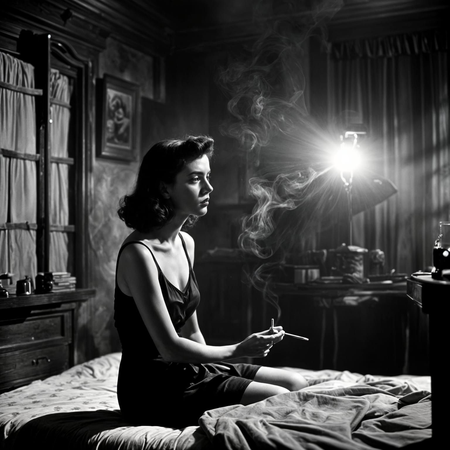 1940s Noir Film Still of Woman in Bedroom