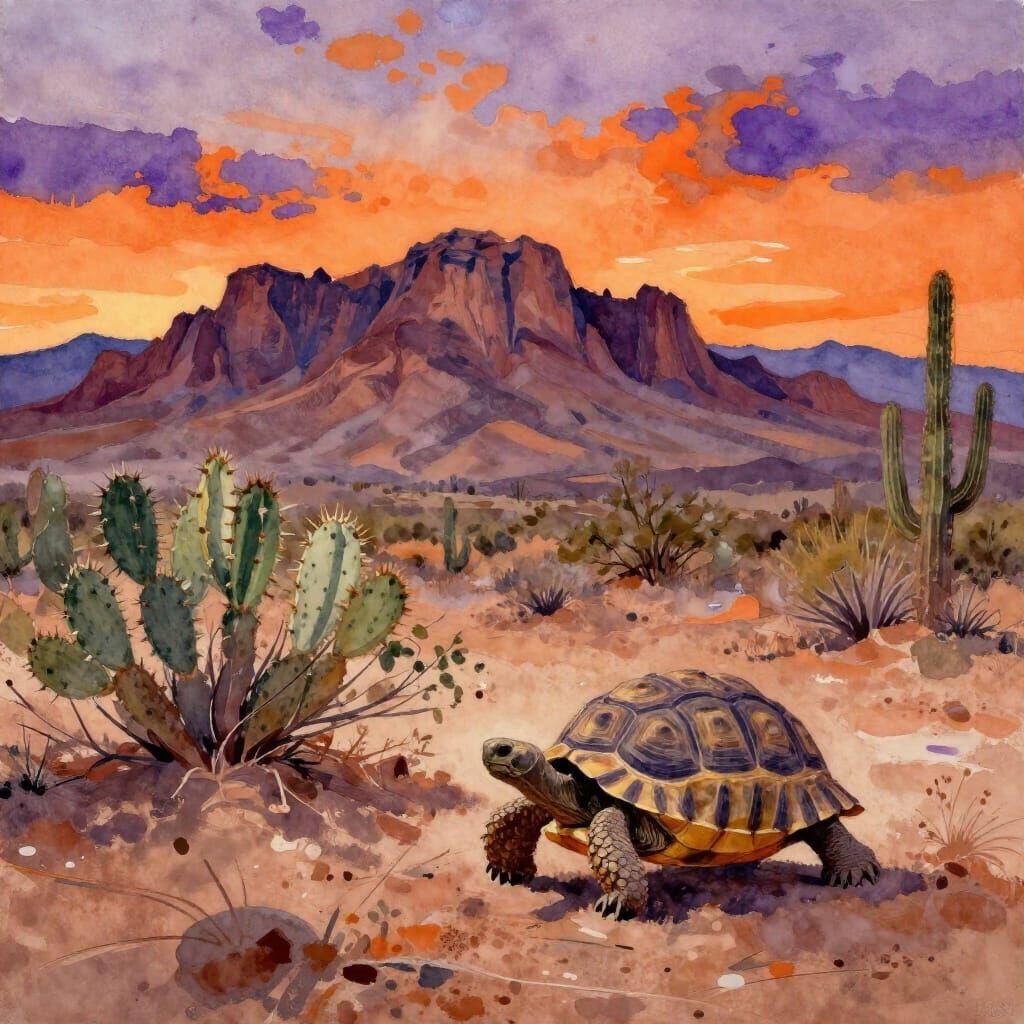 Desert Tortoise at Sunset Among Superstition Mountains in Wa...