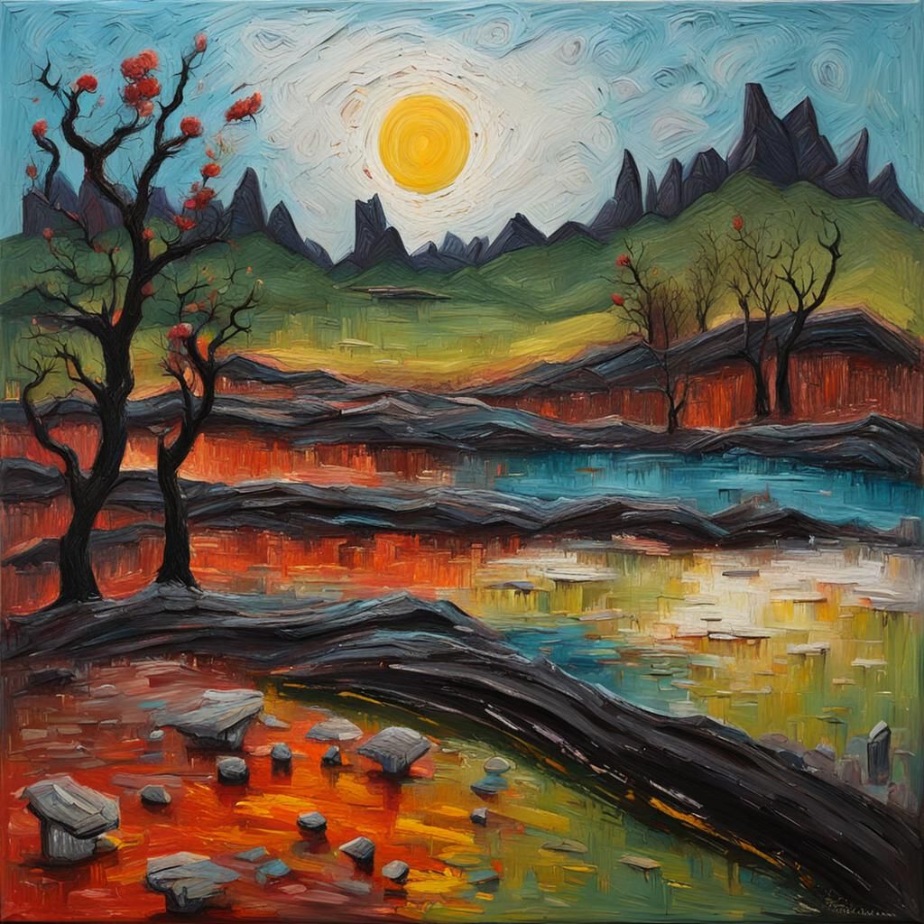 Surreal Landscape Painting with Impasto Texture