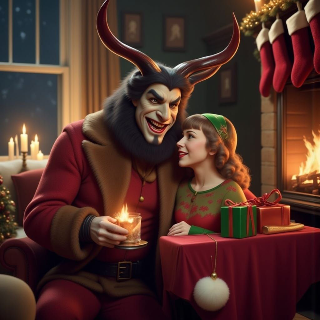 Gentle Krampus Brings Christmas Gifts: Cinematic Film Still