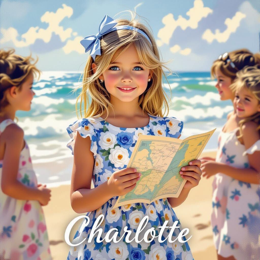 Girl in Blue Dress with Roses on Beach in Oil Painting Style