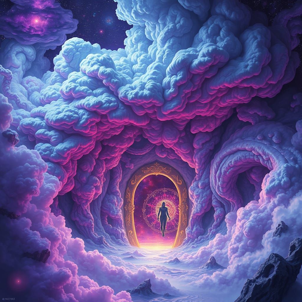 Surreal Dreamworld with Glowing Portal and Iridescent Clouds
