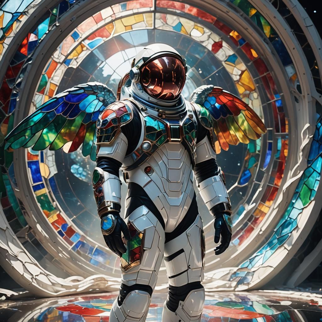 Stained Glass Winged Astronaut Confronts Forged Snake