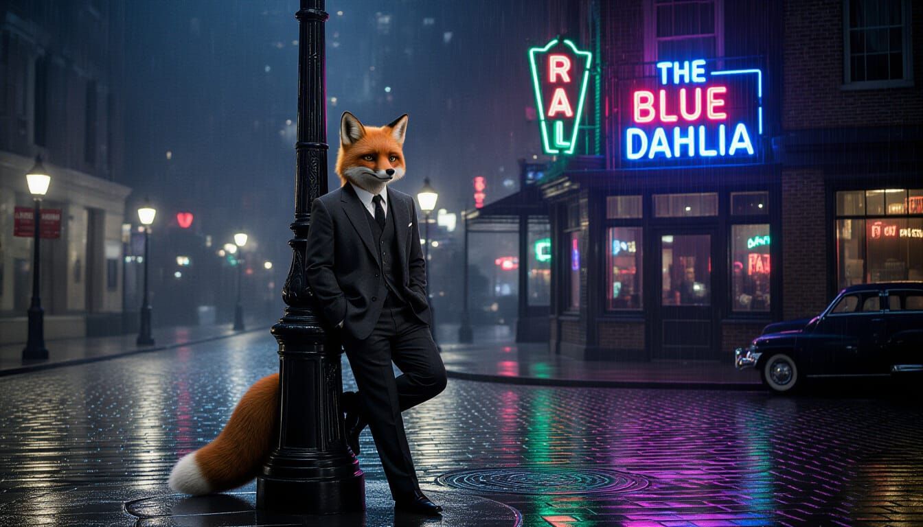 Film Noir Fox Detective on Rainy City Street