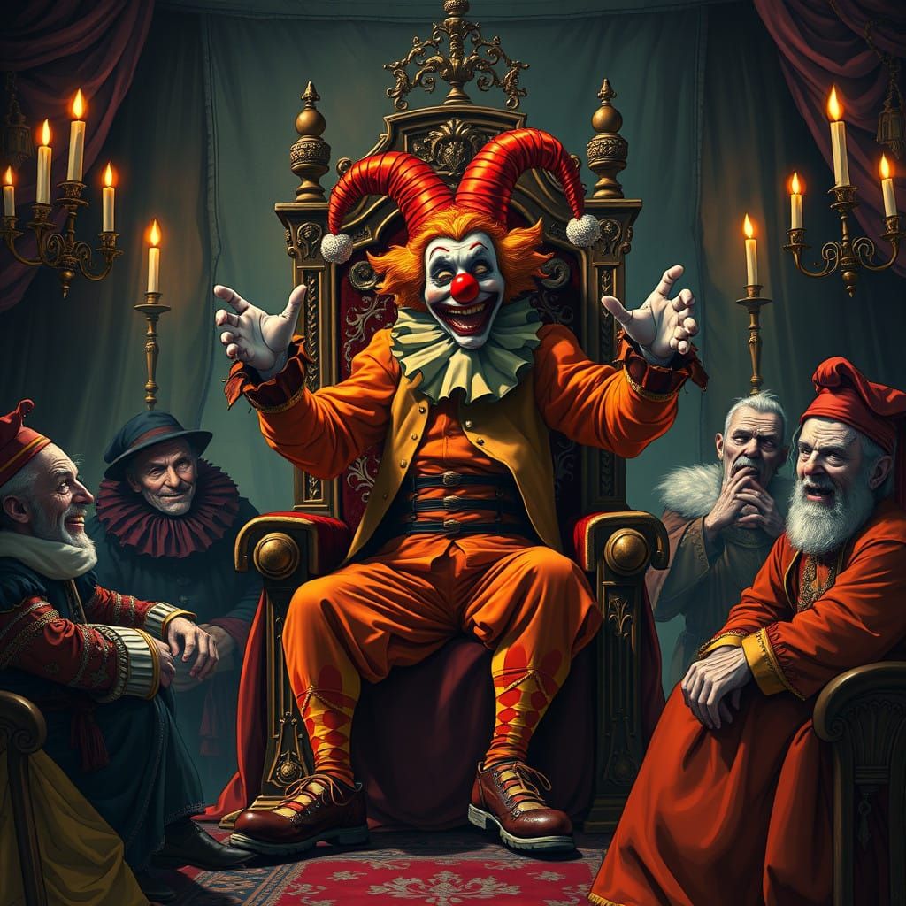 Unsettling Medieval Jester in a Haunting Carnival of Color