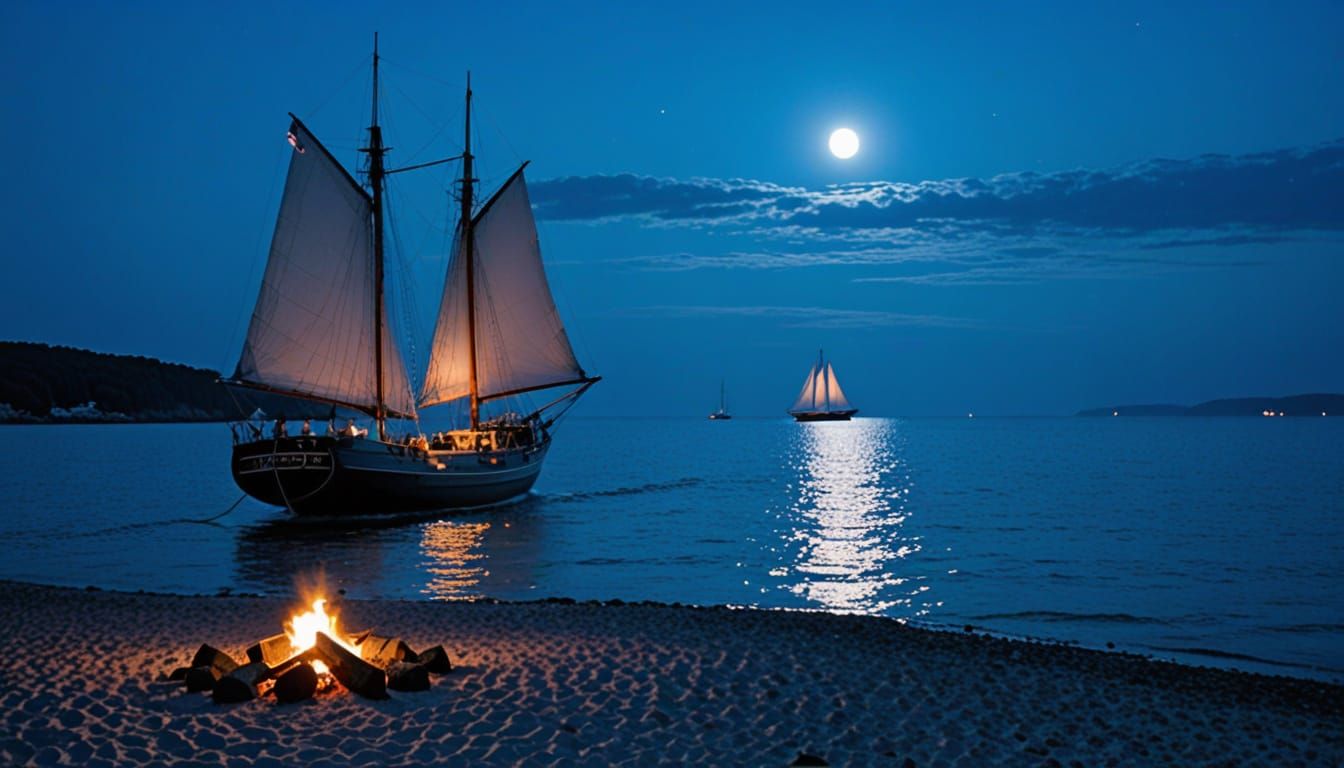 Moonlit Schooner Anchored in a Summer Bay